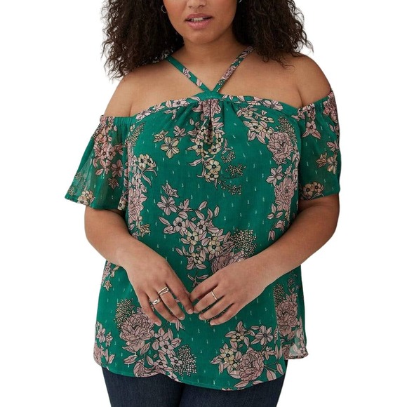 NWT! Torrid Cold Shoulder Halter Top Crinkle Chiffon Floral Green Plus Size 5x - Picture 1 of 5